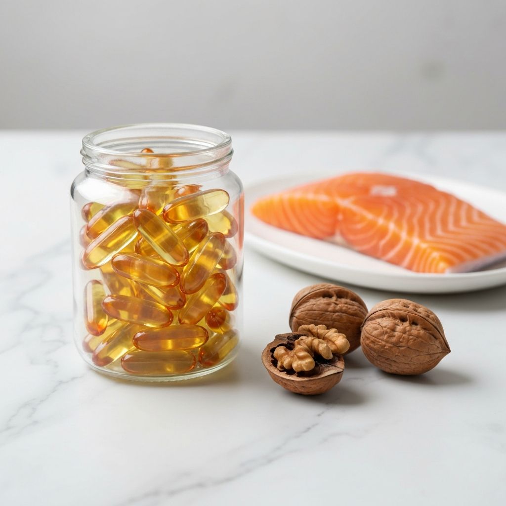 Omega-3 Kapseln mit Lachs und Walnuessen