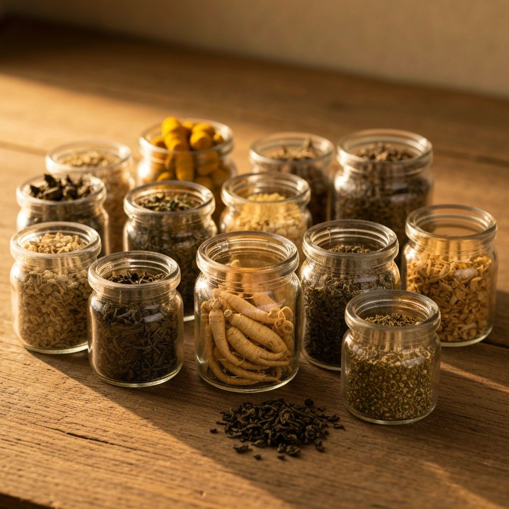 Getrocknete Kraeuter und Pflanzenextrakte in Glasgefaessen